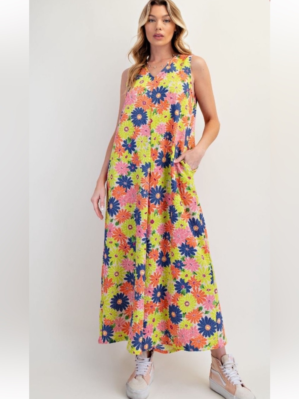 414 🌻 1-I EASEL V NECK PRINTED KNIT POPCORN JUMPSUIT